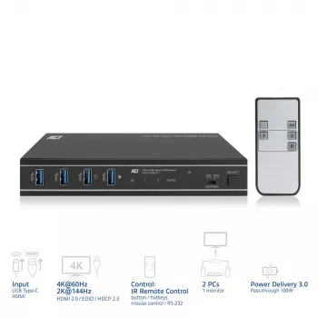 KVM-Switch ACT 2-Port USB-C/HDMI 4K@60Hz AC7922 mit USB-Tastatur/Maus, HDMI-Video, 100W PD