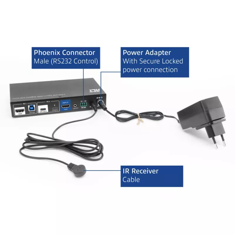 KVM-Switch ACT 2-Port USB-C/HDMI 4K@60Hz AC7922 mit USB-Tastatur/Maus, HDMI-Video, 100W PD