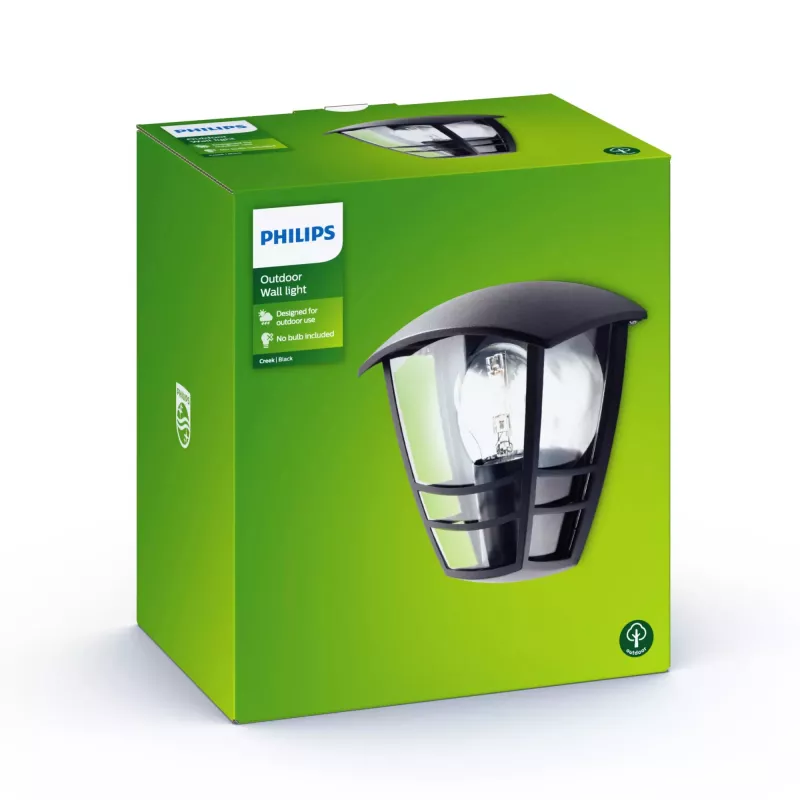 Philips myGarden Creek Wandleuchte 60W E27 ohne Leuchtmittel, Außenwandleuchte, Schwarz, Metall, IP44, Garten, Terrasse, II