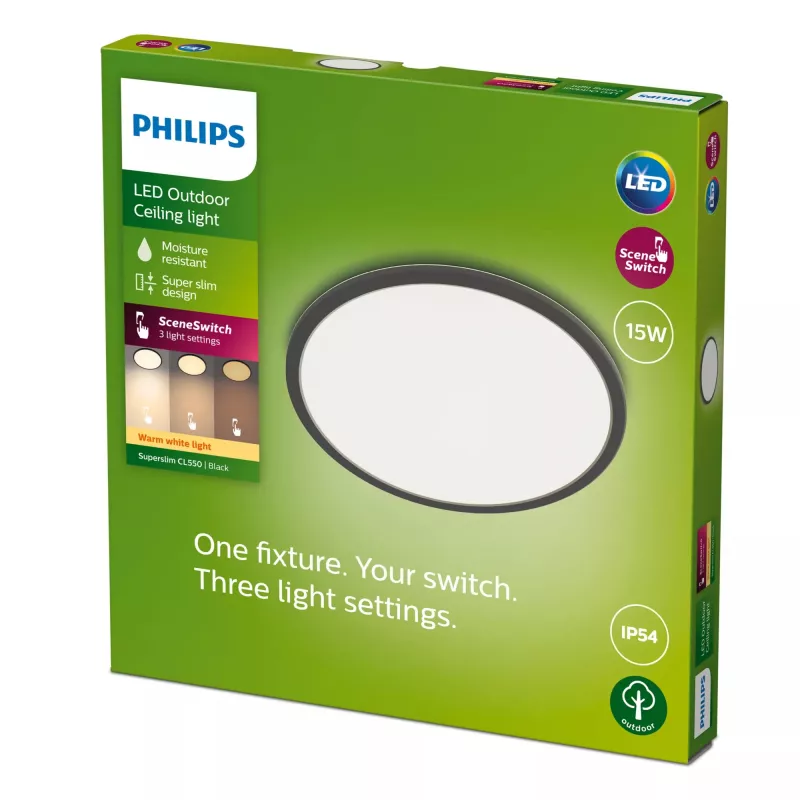 Philips Superslim Deckenleuchte 15W, Schwarz, Metall, Kunststoff, IP54, Terrasse, Garten, II, Modern