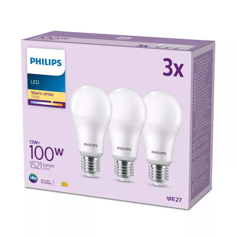 Philips Birne 100W A65 E27 x3, 13 W, 100 W, E27, 1521 lm, 15000 h, Warmweiß