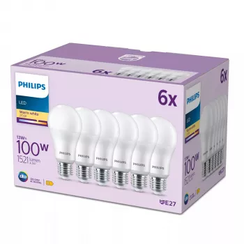 Philips Birne 100W A65 E27 x6, 13 W, 100 W, E27, 1521 lm, 15000 h, Warmweiß