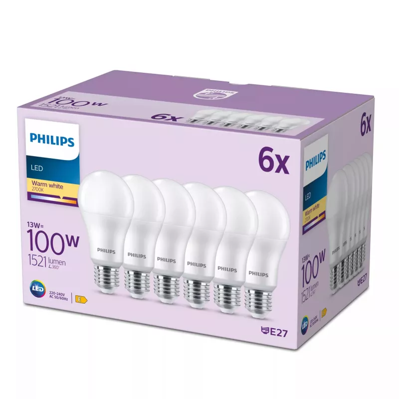 Philips Birne 100W A65 E27 x6, 13 W, 100 W, E27, 1521 lm, 15000 h, Warmweiß