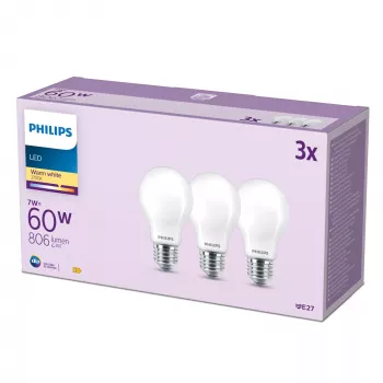 Philips Filament Birne Matt 60W A60 E27 3er-Pack, 7 W, 60 W, E27, 806 lm, 15000 h, Warmweiß