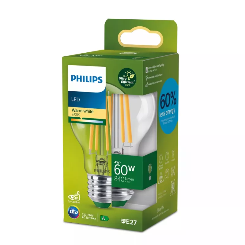Philips Filament Birne Klar 60W A60 E27, 4 W, 60 W, E27, 840 lm, 50000 h, Warmweiß