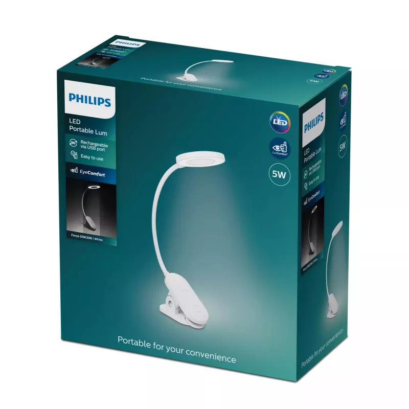 Philips Functional Forys Clip Desk Light, White, Plastic, Bedroom, Living room, Office, Contemporary, IP20, III