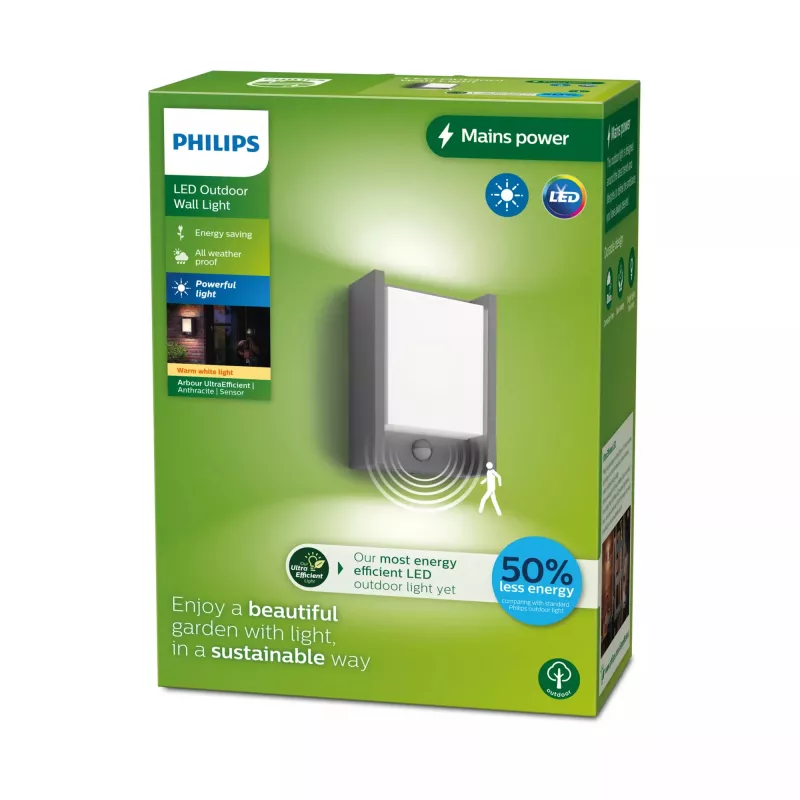 Philips Arbour Wandleuchte 3,8W, Außen-Wandleuchte, Anthrazit, Metall, IP44, Terrasse, Garten, II