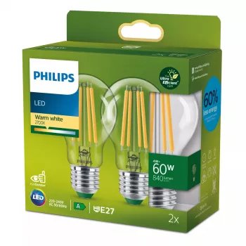 Philips Filament Bulb Clear 60W A60 E27 x2, 4 W, 60 W, E27, 840 lm, 50000 h, Warmweiß