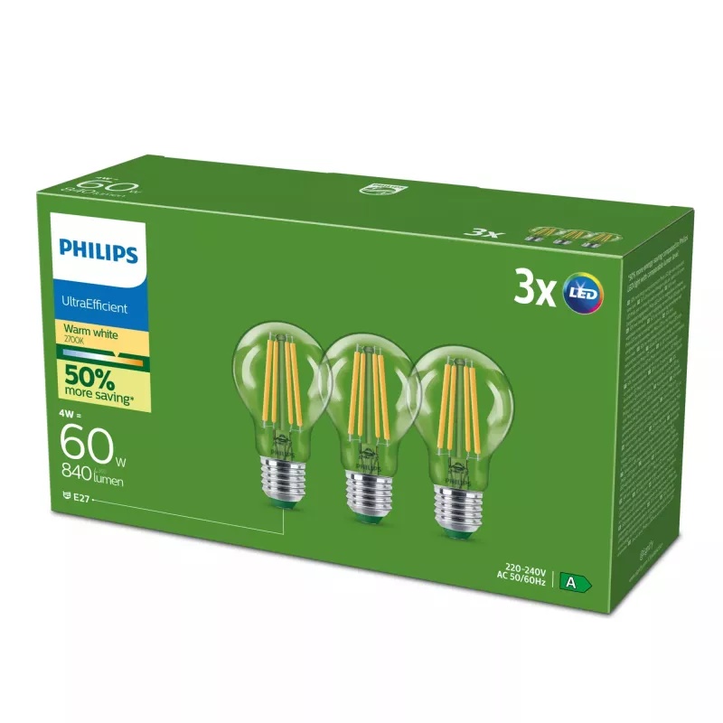 LED-Lampe Philips Classic 60W-Äquivalent, E27 klar warmweiß, 3er-Pack, Energieklasse A