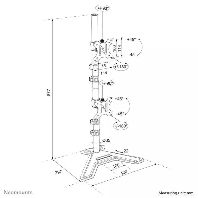 Neomounts Dual-Monitorständer DS45-600BL2V für 2 Displays 10–32 Zoll, VESA 75x75–100x100, max. Belastung 9 kg, freistehend, schwarz