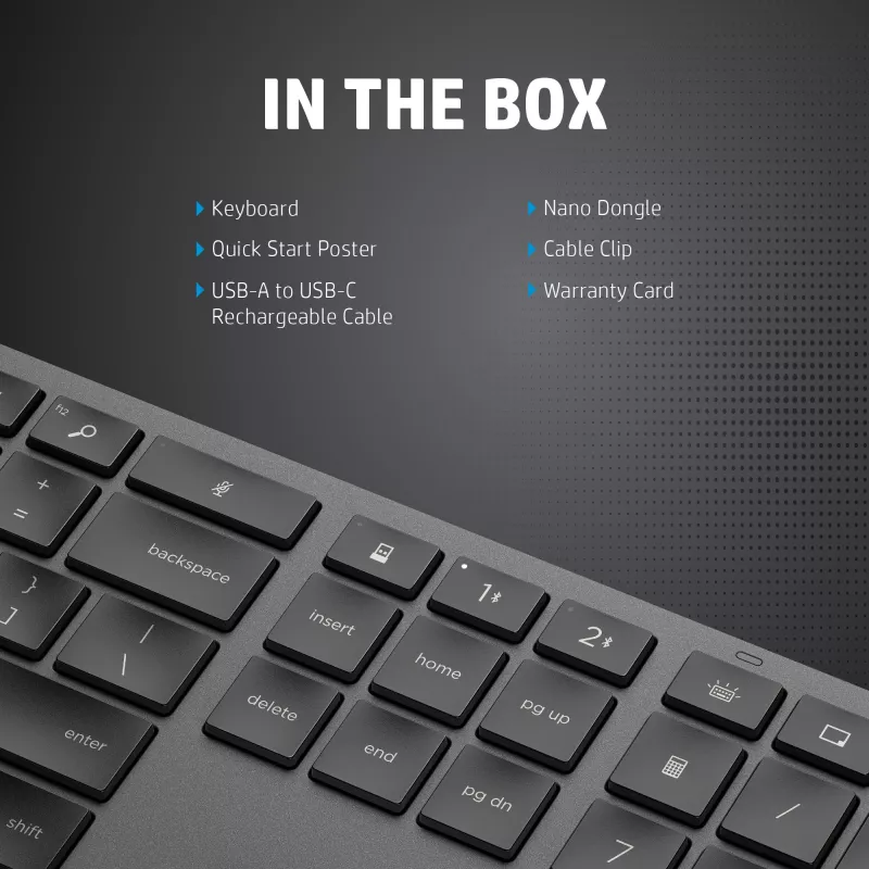 Kabellose Full-Size-Tastatur HP 975 — RF Wireless + Bluetooth, Schwarz, 100%-Layout
