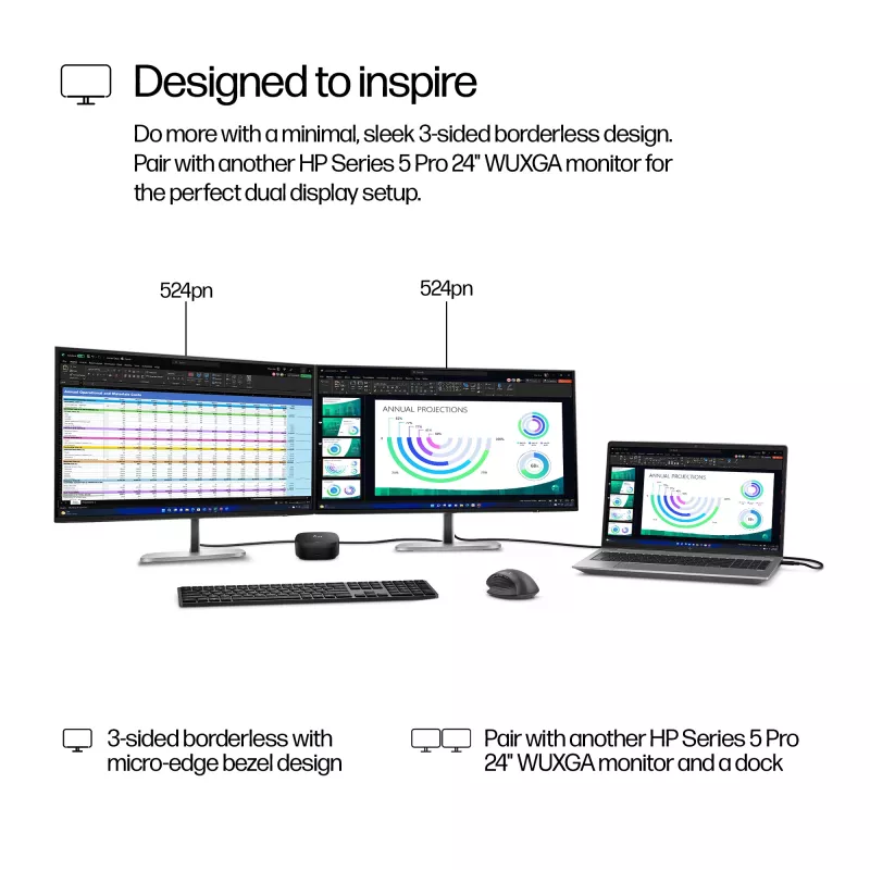 HP Series 5 Pro 24 Zoll WUXGA Monitor - 524pn, 61 cm (24 Zoll), WUXGA, LCD, 5 ms, Schwarz