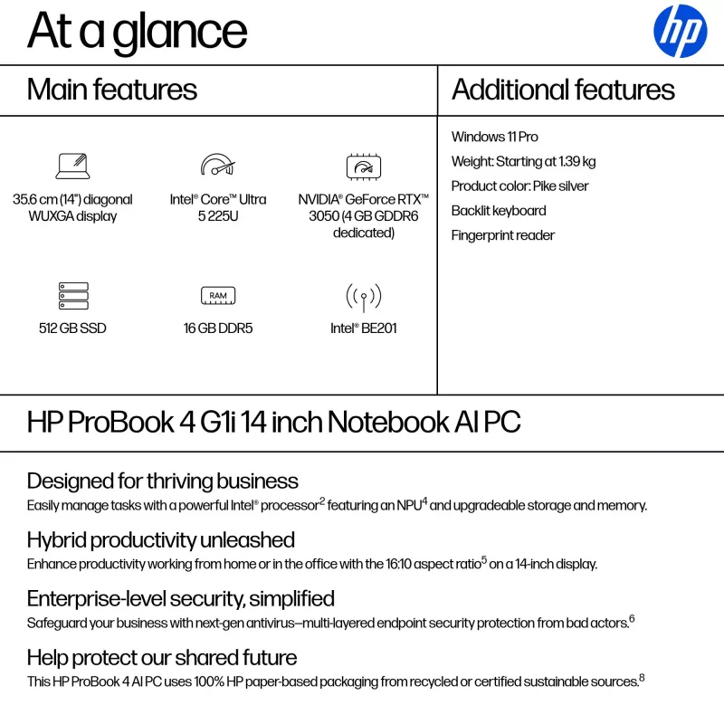 Laptop HP ProBook 4 G1i AI PC 14 Zoll Intel Core Ultra 5 16 GB 512 GB Intel Graphics Windows 11 Pro