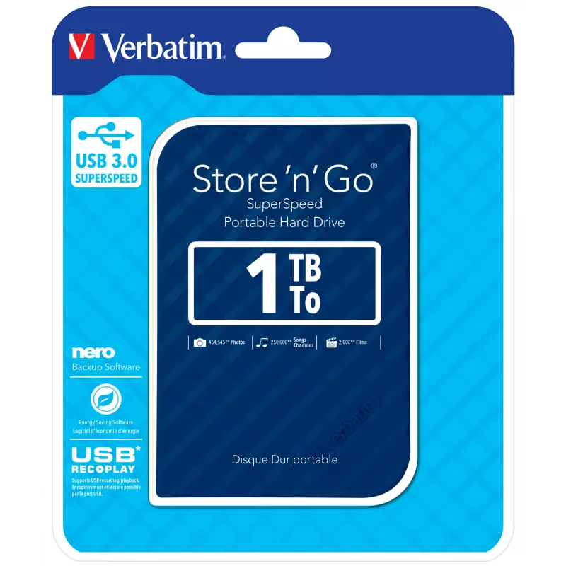 Verbatim Store 'n' Go USB 3.0 Hard Drive 1TB Blue, 1 TB, 2.5 Zoll, 3.2 Gen 1 (3.1 Gen 1), 5400 RPM, Blau