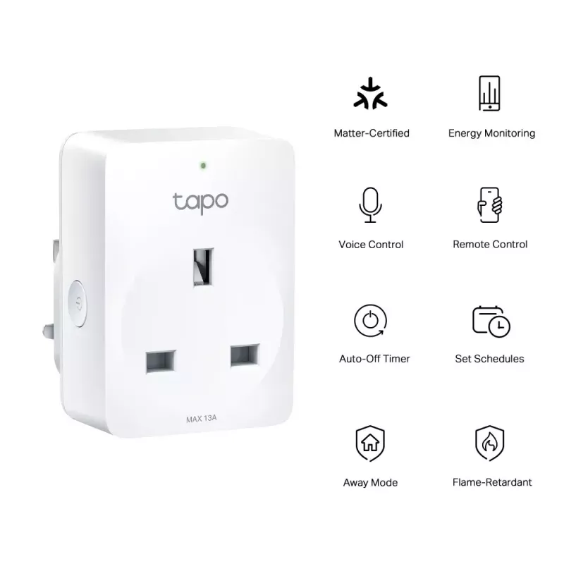 Smarte Steckdose TP‑Link Tapo Mini P110M — Wi‑Fi/Bluetooth Smart-Steckdose für Innenräume, 16 A, 100–240 V, 3680 W, weiß