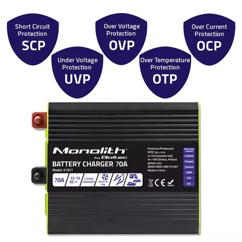 Batterieladegerät QOLTEC 51917 für LiFePO4/AGM/GEL/SLA-Batterien, 70 A Ausgang