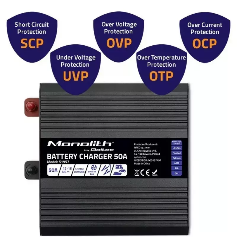 Batterieladegerät QOLTEC 51957 50A 12V für LiFePO4, AGM, GEL, SLA-Batterien