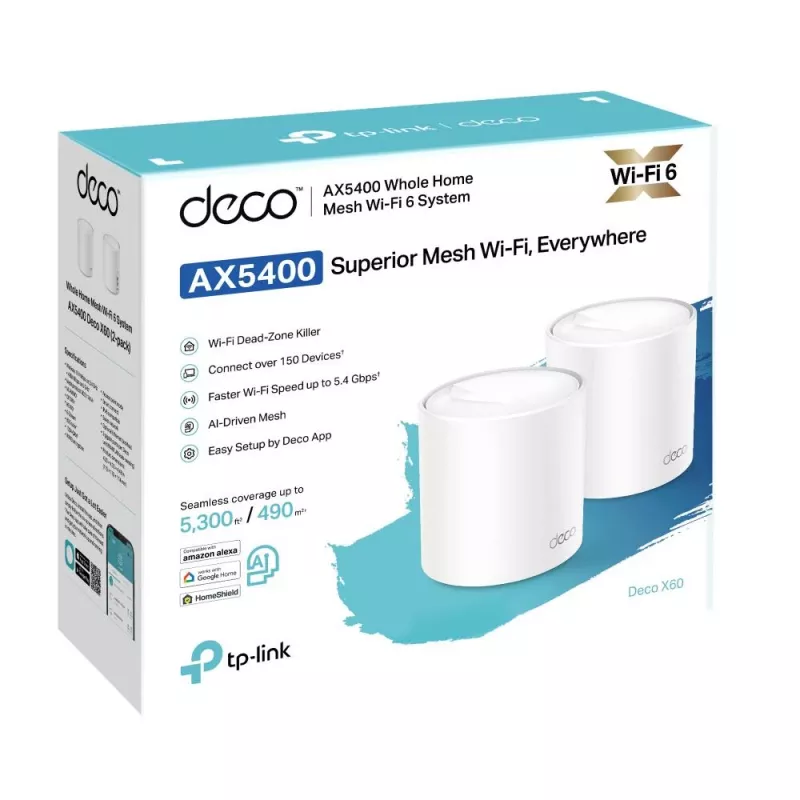 Wireless Router | TP-LINK | Wireless Router | 2er-Pack | 5400 Mbit/s | Mesh | IEEE 802.11a | IEEE 802.11n | IEEE 802.11ac | IEEE 802.11ax | 2x10/100/1000M | DECOX60(2-PACK)