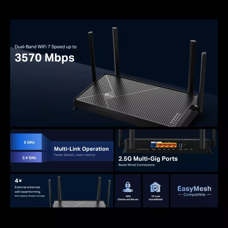 TP-Link Archer BE3600 WLAN-Router 2,5 Gigabit Ethernet Dualband (2,4 GHz / 5 GHz) Schwarz