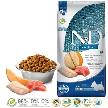 FARMINA N&D Ocean Dog Salmon, Cod, Cantaloupe, Melon Adult Mini - Trockenfutter für Hunde - 7 kg