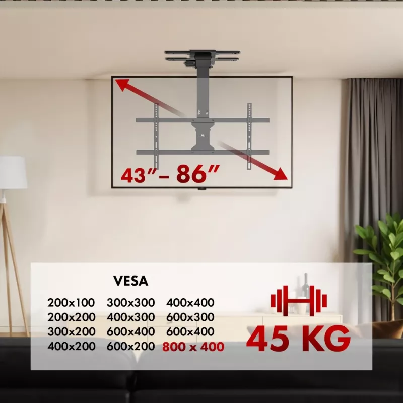 Decken-TV-Halterung MACLEAN MC-110 T für 43–86 Zoll Fernseher, VESA bis 800×400, max. Belastung 45 kg