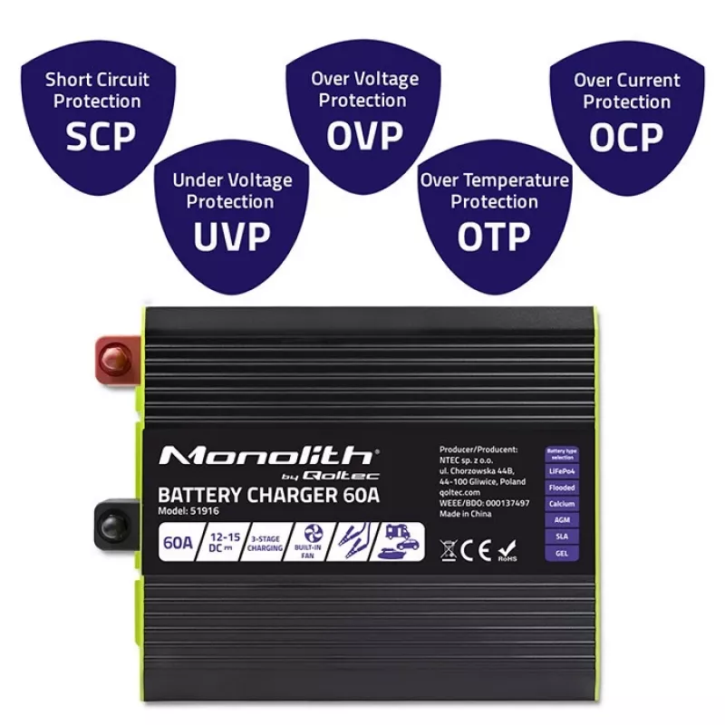 Batterieladegerät QOLTEC 51916 60A 12V für LiFePO4, AGM, GEL, SLA Batterien