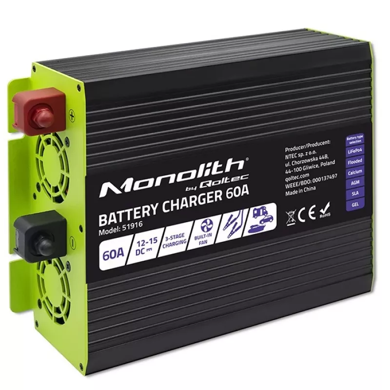 Batterieladegerät QOLTEC 51916 60A 12V für LiFePO4, AGM, GEL, SLA Batterien