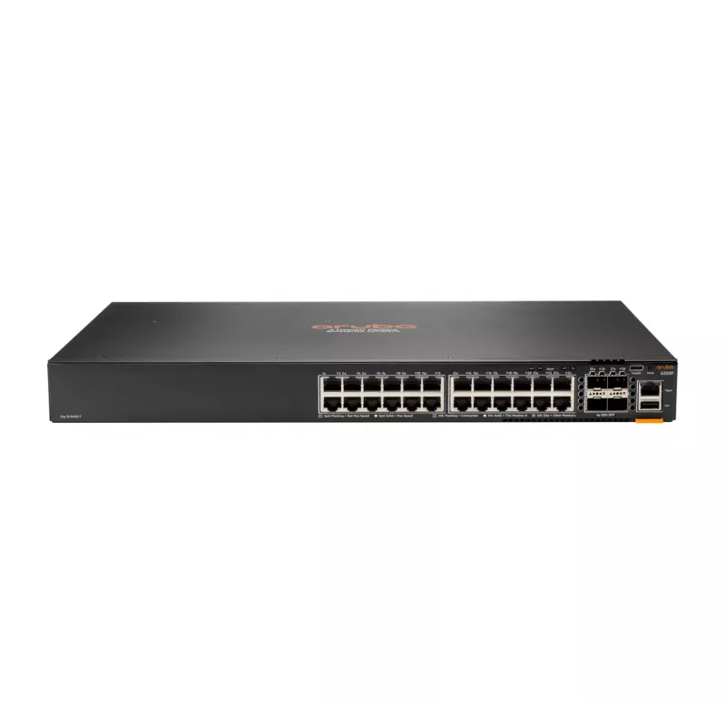 HPE - Aruba Serie - Aruba 6300F - Switch - L3 - managed - 24 x 10/100/1000 + 4 x 1 Gigabit / 10 Gigabit / 25 Gigabit / 50 Gigabit SFP56 (Uplink / Stacking) Front und Seite zu Rückseite
