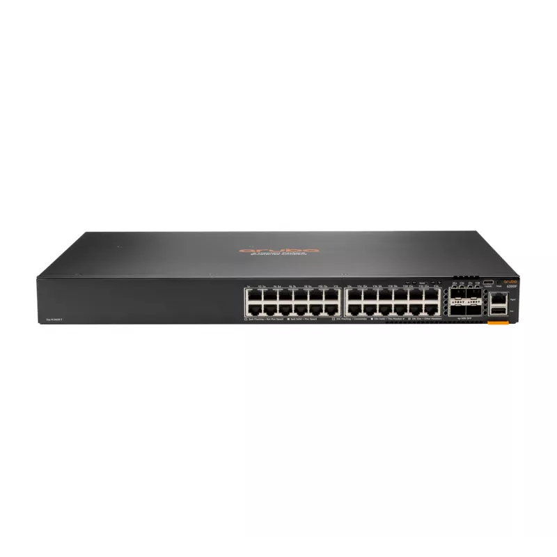 HPE - Aruba Serie - Aruba 6300F - Switch - L3 - managed - 24 x 10/100/1000 + 4 x 1 Gigabit / 10 Gigabit / 25 Gigabit / 50 Gigabit SFP56 (Uplink / Stacking) Front und Seite zu Rückseite