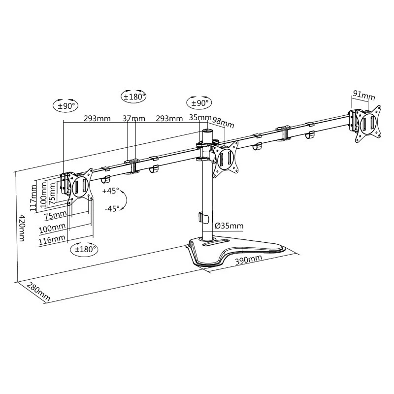 LOGILINK BP0174 Dreifach-Monitorhalterung 17-27 Zoll Armlänge je 658 mm mit Smartphone-Halterung Aluminium