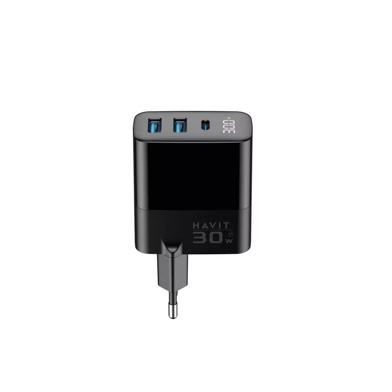 Ladegerät HAVIT UCLE001 EU GaN Drei-Port 30 W schwarz — kompaktes USB-Ladegerät mit 3 Anschlüssen