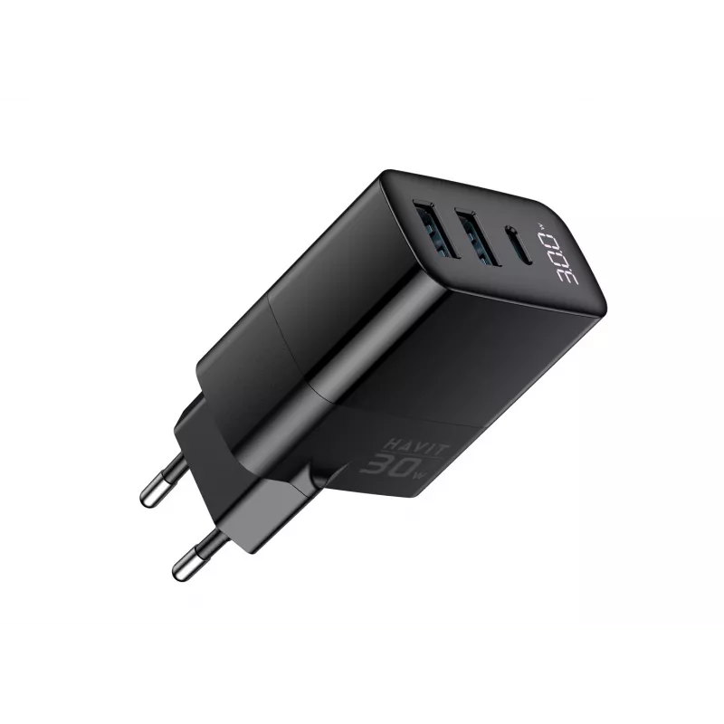 Ladegerät HAVIT UCLE001 EU GaN Drei-Port 30 W schwarz — kompaktes USB-Ladegerät mit 3 Anschlüssen