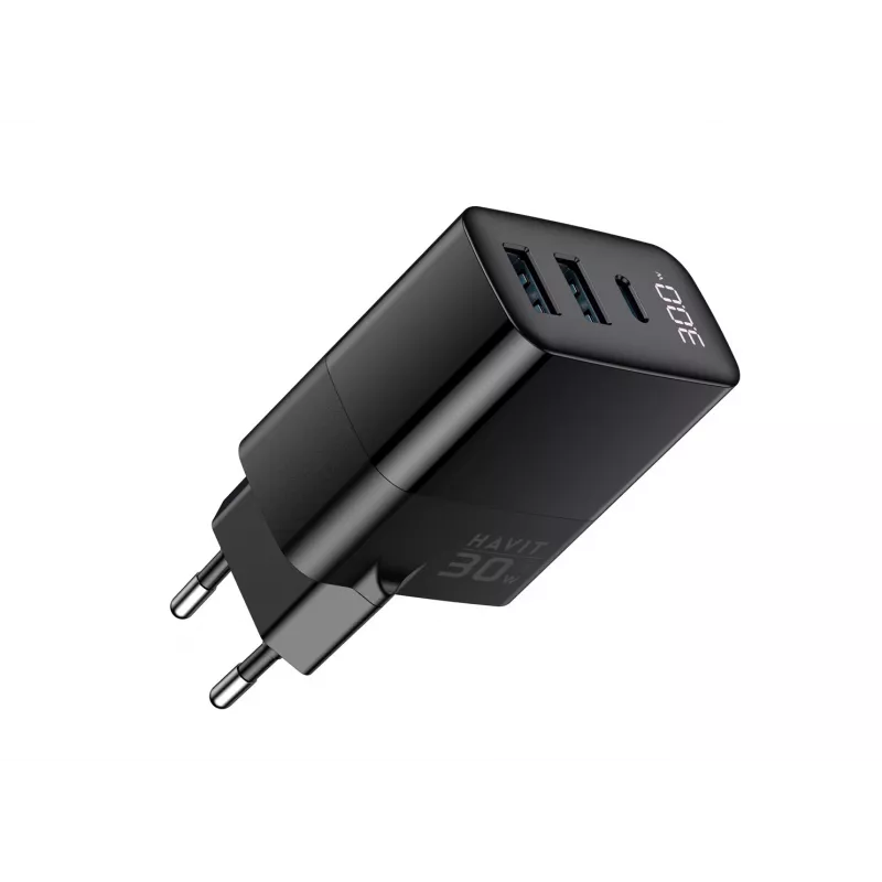 Ladegerät HAVIT UCLE001 EU GaN Drei-Port 30 W schwarz — kompaktes USB-Ladegerät mit 3 Anschlüssen