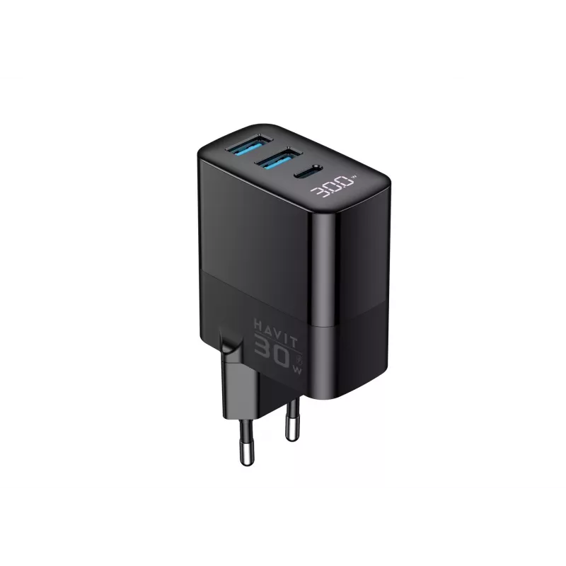 Ladegerät HAVIT UCLE001 EU GaN Drei-Port 30 W schwarz — kompaktes USB-Ladegerät mit 3 Anschlüssen