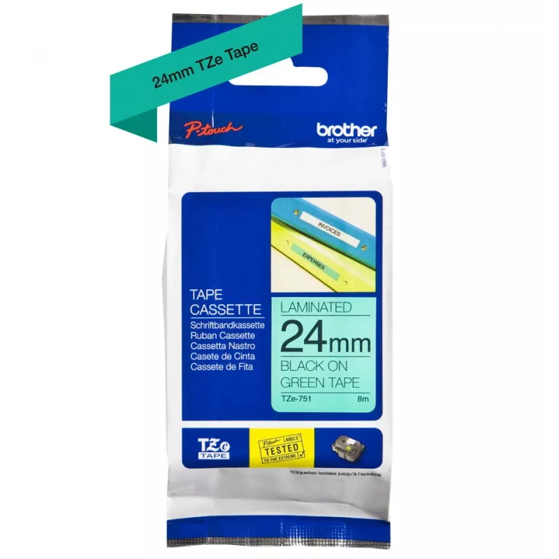 Brother TZe 751 - Laminiertes Band - Schwarz auf Grün - Rolle (2,4 cm x 8 m) - 1 Rolle(n) - für P-Touch PT-2420, 2430, 2450, 2460, 2470, 2480, 2700, 2