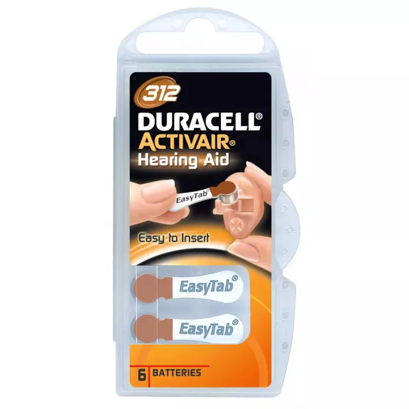 Knopfzellenbatterien Duracell A312 Zink-Luft, 6er-Pack für Hörgeräte und kleine Audiogeräte