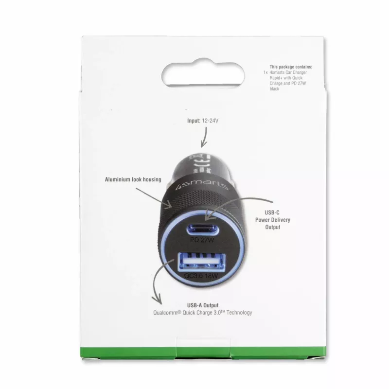 4smarts Rapid+ - Auto-Netzteil - 27 Watt - 3 A - QC 3.0, PD - 2 Ausgangsports (USB, 24-polig USB-C)