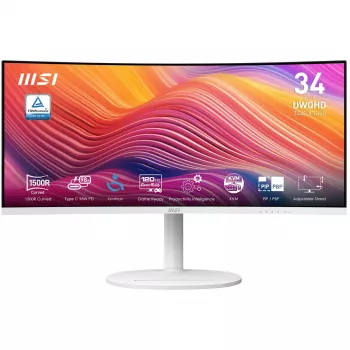 34 Zoll MSI Modern MD342CQPWDE gebogener VA-LCD-Monitor 3440×1440 UWQHD 21:9, 4 ms, 300 cd/m², USB-Hub, Lautsprecher, VESA, höhenverstellbar — Weiß