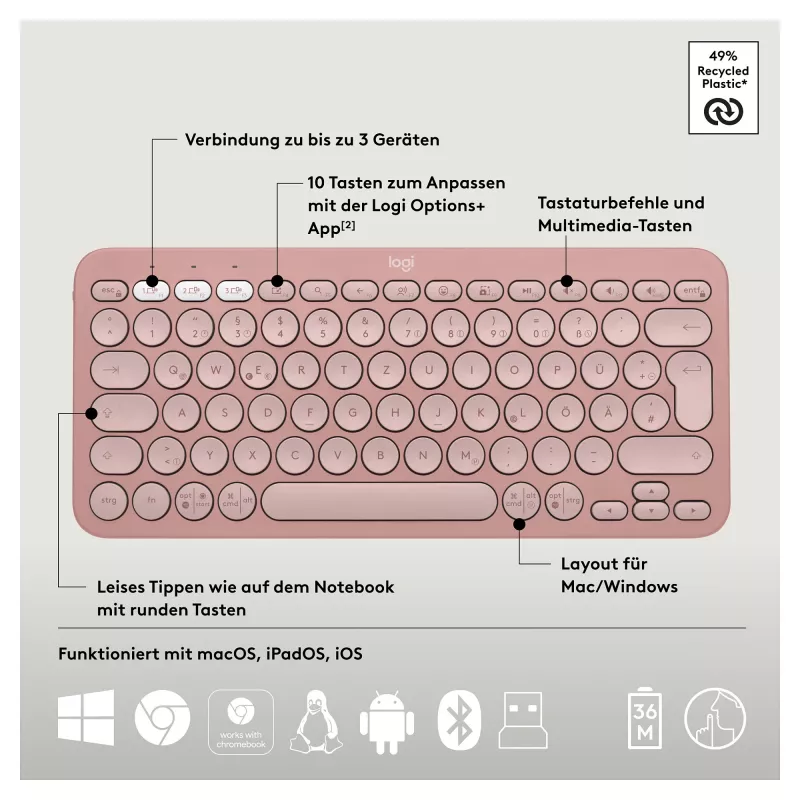 Logitech Pebble 2 Combo Tastatur Maus inklusive Universal RF Wireless + Bluetooth QWERTZ Deutsch Rosa (920-012205)