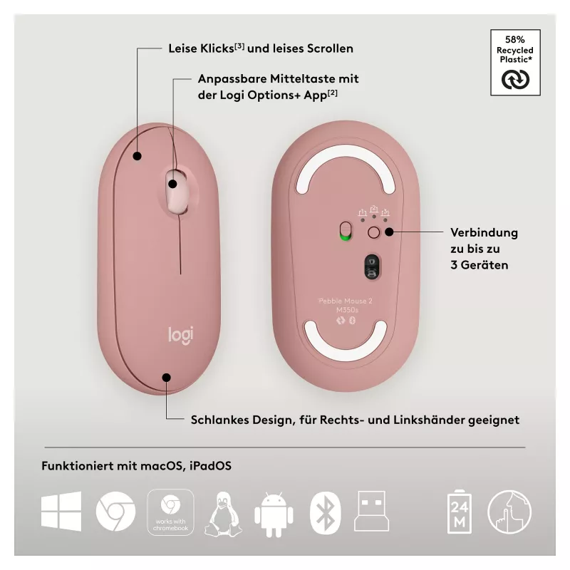 Logitech Pebble 2 Combo Tastatur Maus inklusive Universal RF Wireless + Bluetooth QWERTZ Deutsch Rosa (920-012205)