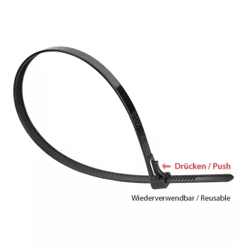 Wiederverwendbarer Kabelbinder 450 mm x 7,4 mm, schwarz, UV-resistent, -40 °C bis +85 °C, 100 Stück (KAB-R45S74)