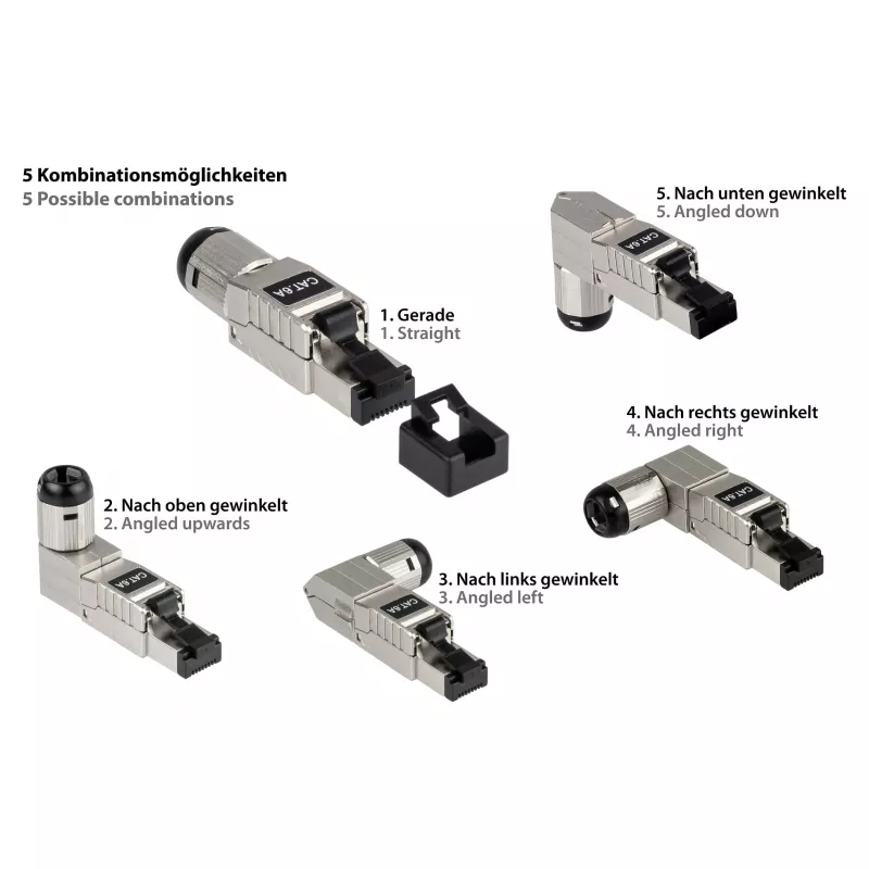 RJ45-Stecker Kat. 6A, werkzeuglos / feldkonfektionierbar, STP geschirmt, Metall, 5 Richtungen, Good (GC-N0165)
