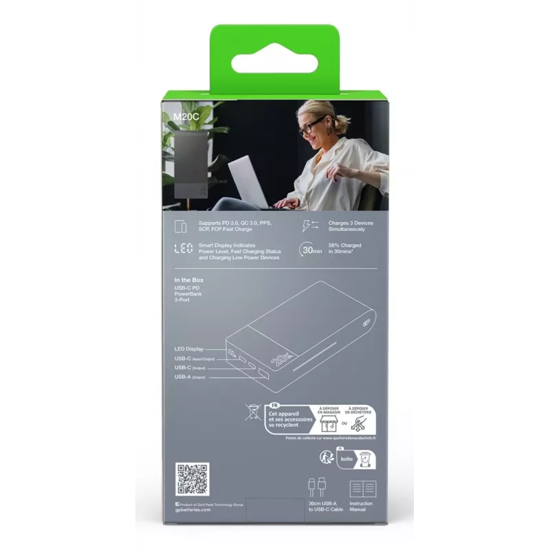 GP Battery GP PowerBank M2+ 20C 20000mAh 2xUSB-C/1xUSB-A schwarz LED-Anz. (GPPBM20CGYMSR287)