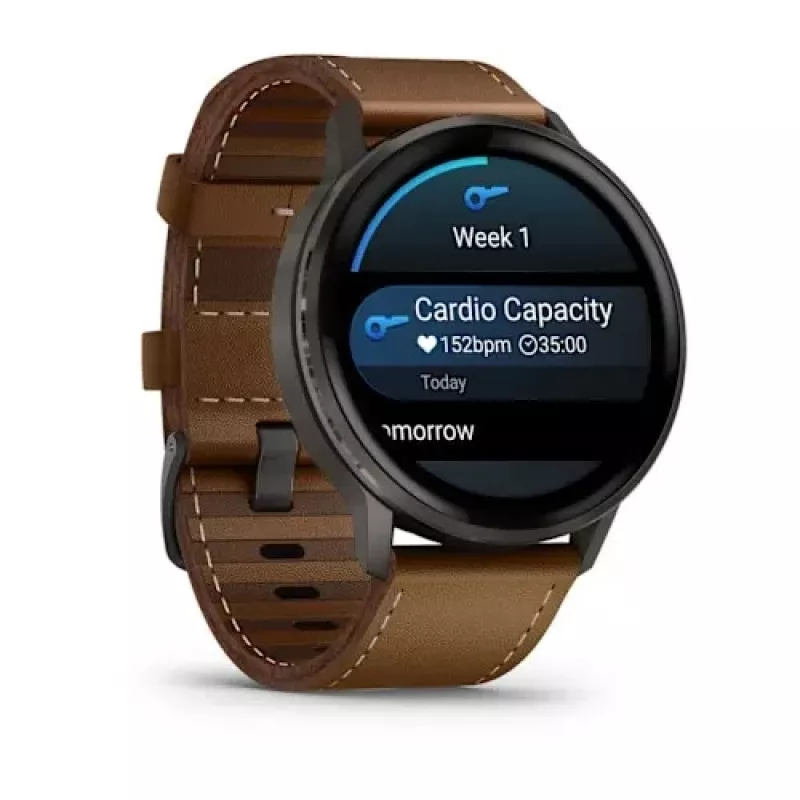Smartwatch GARMIN Venu 4 45 mm (1,4 Zoll) AMOLED 454×454 px, Wi‑Fi, GPS, 8 GB, schwarzes Gehäuse, braunes Lederarmband