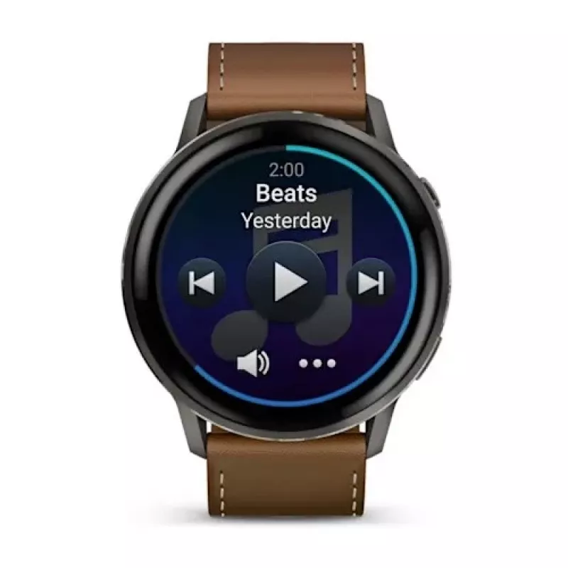 Smartwatch GARMIN Venu 4 45 mm (1,4 Zoll) AMOLED 454×454 px, Wi‑Fi, GPS, 8 GB, schwarzes Gehäuse, braunes Lederarmband