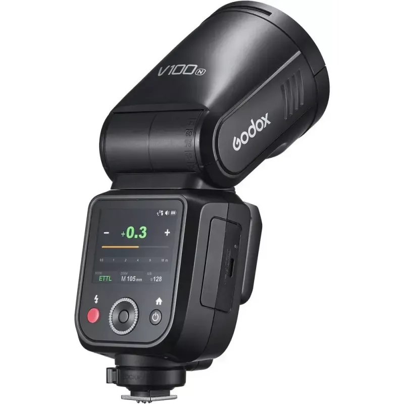 Blitz Godox V100‑N für Nikon — Tragbarer TTL-Li‑ion-Aufsteckblitz