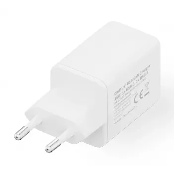 Wandladegerät DIGITUS USB GaN 45W — 1× USB-C, 1× USB-A, Eingang 100–240V, Weiß
