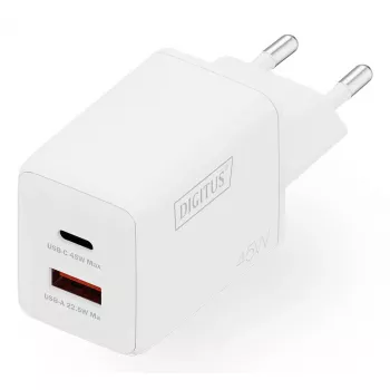 Wandladegerät DIGITUS USB GaN 45W — 1× USB-C, 1× USB-A, Eingang 100–240V, Weiß
