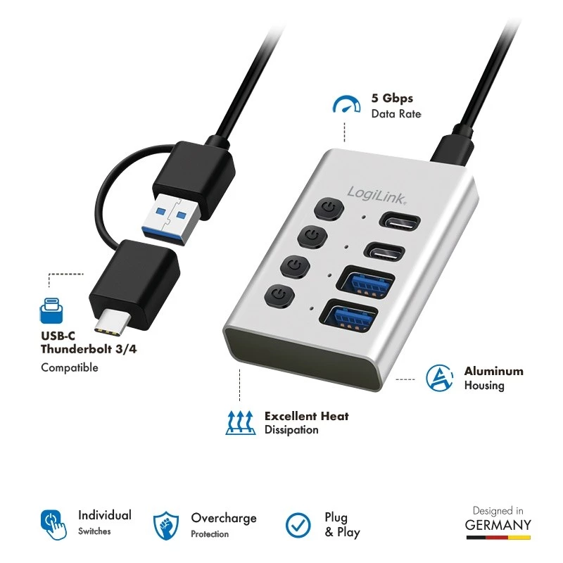 Hub USB 3.2 Gen 1, 4 Ports, USB-A/C, Ein-/Ausschalter