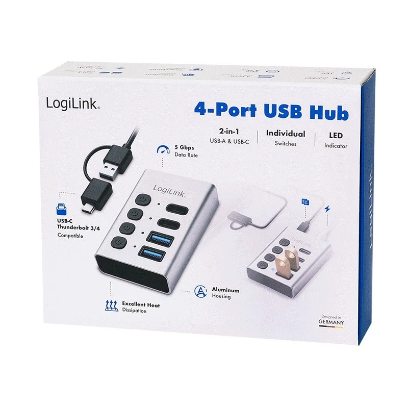 Hub USB 3.2 Gen 1, 4 Ports, USB-A/C, Ein-/Ausschalter